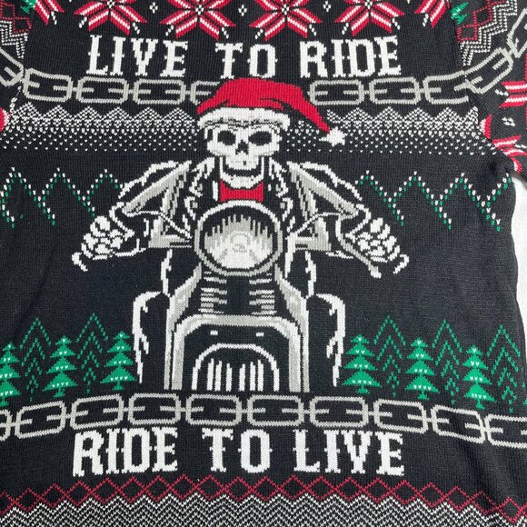 Men Ugly Christmas Sweater Live to Ride - Ride to Live Skeleton on Motorcycle XL - Picture 2 of 9